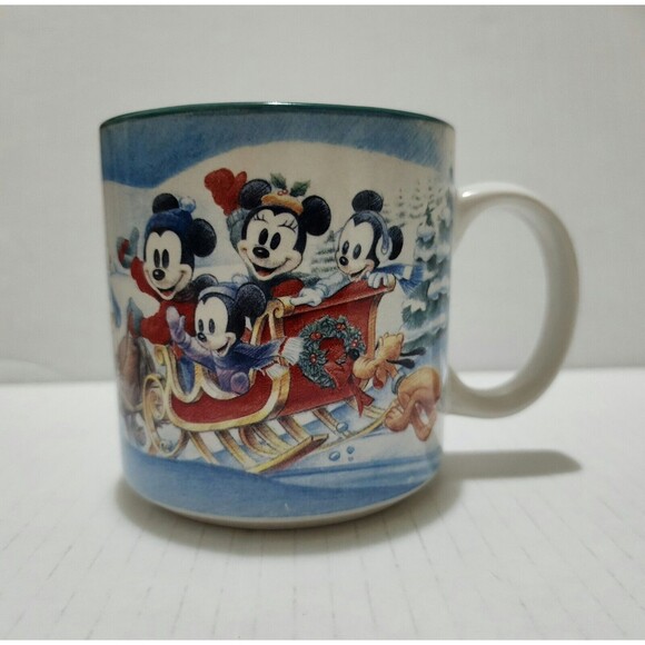 Vintage 1996 Disney Mickey's Winter Wonderland Ceramic Mug Blue White Red - Picture 2 of 8